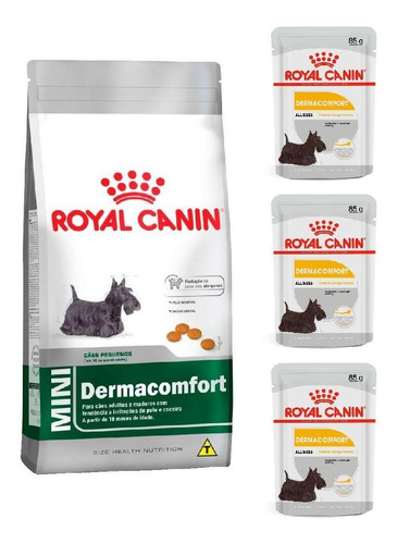 Kit Mini Adult Dermacomfort 2,5kg E 3 Sachê 85g Royal Canin