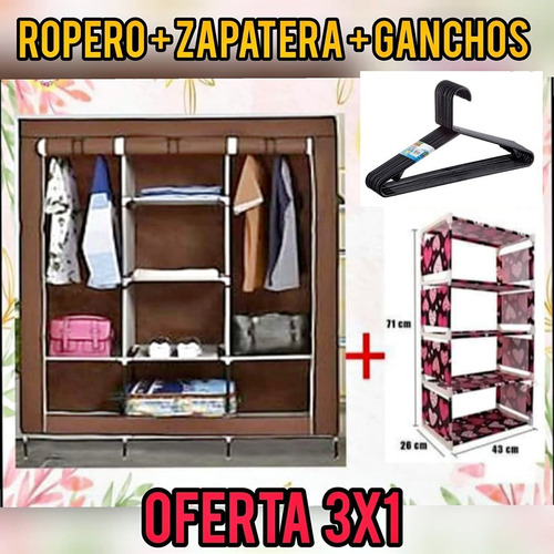 Combo 2x1 Ropero Portátil 3 Cuerpo Con Zapatera De 5 Piso