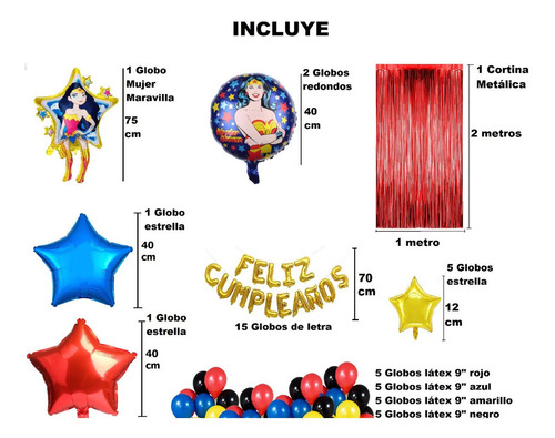 Globo Feliz Cumpleaños Metálico Mujer Maravilla Wonder Woman Color Rojo