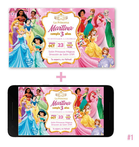 Tarjeta Cumpleaños Invitación Digital Princesas 2 Formatos