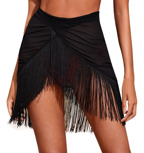 Traje De Baño De Malla Tassel Up See Through Halter Skirt