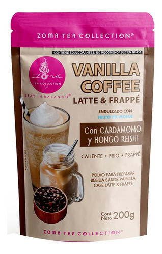 Café Soluble Zoma Tea Vanilla Coffee Latte & Frappe Con fruto del monje Zoma Tea Collection 200g