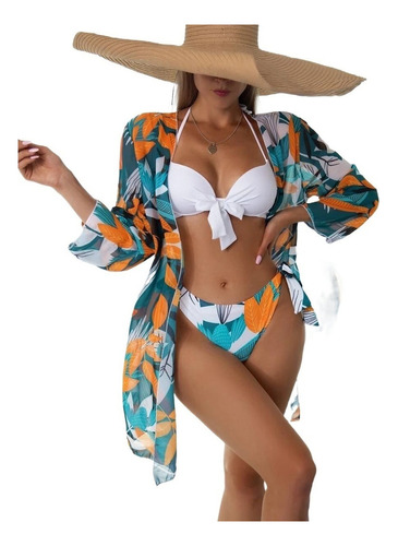 Conjunto De Bikini + Pareo De Playa Tipo Kimono Estampado