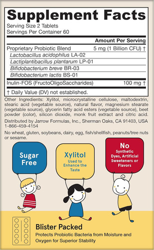 Jarrow Formulas, Yum-yum Dophilus Sin Azúcar, Proporciona 4 Cepas Clínicamente Documentadas , Para La Salud Intestinal E Inmunitaria, 1 Billón Por Porción, 60 Tabletas Masticables