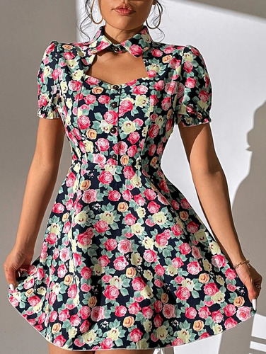 Vestido Con Estampado Floral Con Abertura De Manga Farol