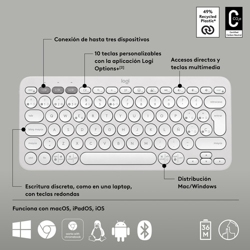 Logitech Pebble Keys 2 K380s Teclado Bt Multi-device Blanco