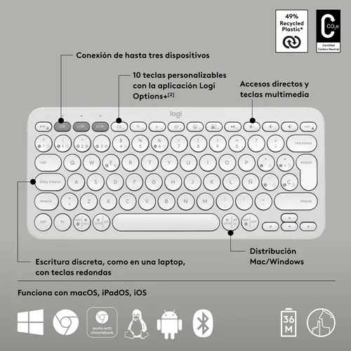 Logitech Pebble Keys 2 K380s Teclado Bt Multi-device Blanco