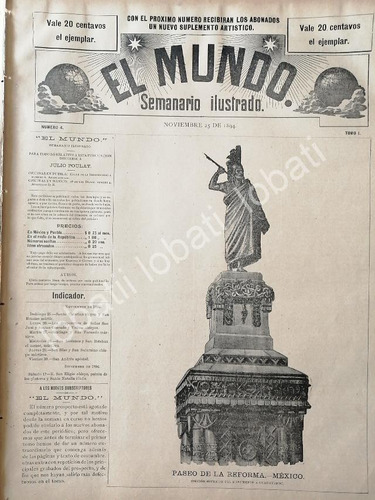 Cartel Vintage Portada Antigua 1894 Monumento A Cuauhtemoc /