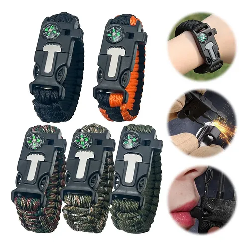 Kit 5 Pulseiras Táticas Sobrevivência 5x1 Paracord
