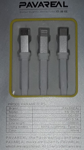 Cable Data 3en1 Microusb Tipo C iPhone 1m Carga Rapida 3.1a