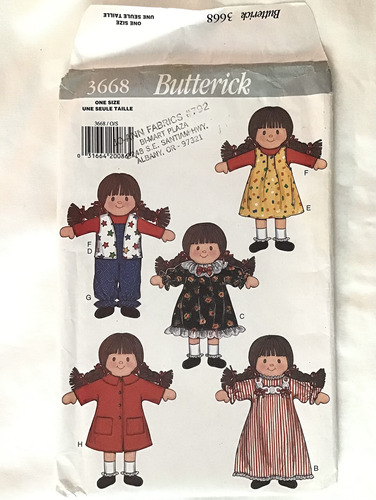 Butterick Patterns 5652 Patron Muñeca Ropa Funda Transporte