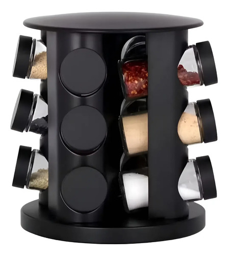 Porta Condimento Temperos Giratório 9 Potes Vidro Com Tampa Cor Preto