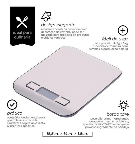 Balança Digital Para Cozinha Aço Inox 18cm Mimo Style