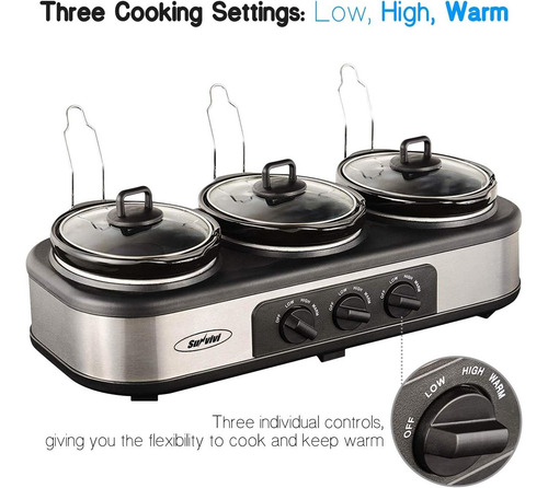 Imagen 4 de 8 de Triple Olla Lenta Con Pies Antideslizantes, 3 ? 1.5 Qt Olla