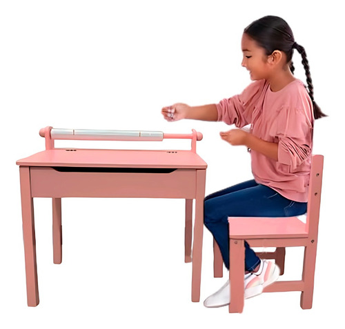 Mesa Escritorio+silla Infantil Tipo Butaca Baul Rosa Madera