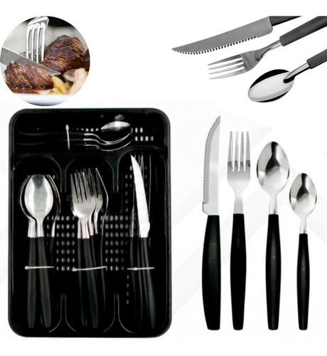 Jogo De Talheres Inox Com Suporte Gaveta Cozinha 25 Peças Cor Preto