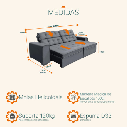 Sofá Retrátil e Reclinável 2.30m Suede Velusoft Cinza Mola Helicoidal Vancouver 4 Lugares Sofá Casa
