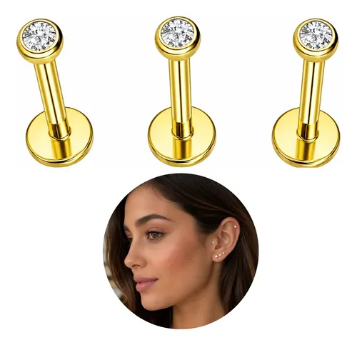 Kit 3 Piercing Titânio Ponto De Luz Zircônia Conch Labret