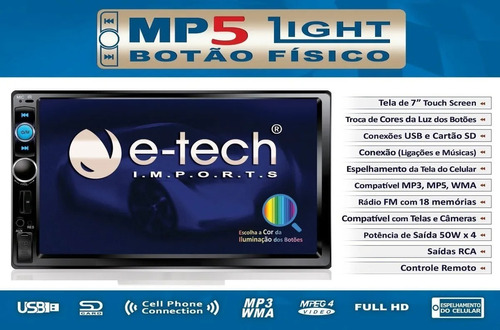 Central Multimídia Mp5 P/carro 7 Polegada E-tech Ligth Botão