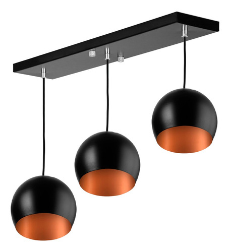 Lustre Pendente Bola Triplo Base Retangular Preto/cobre