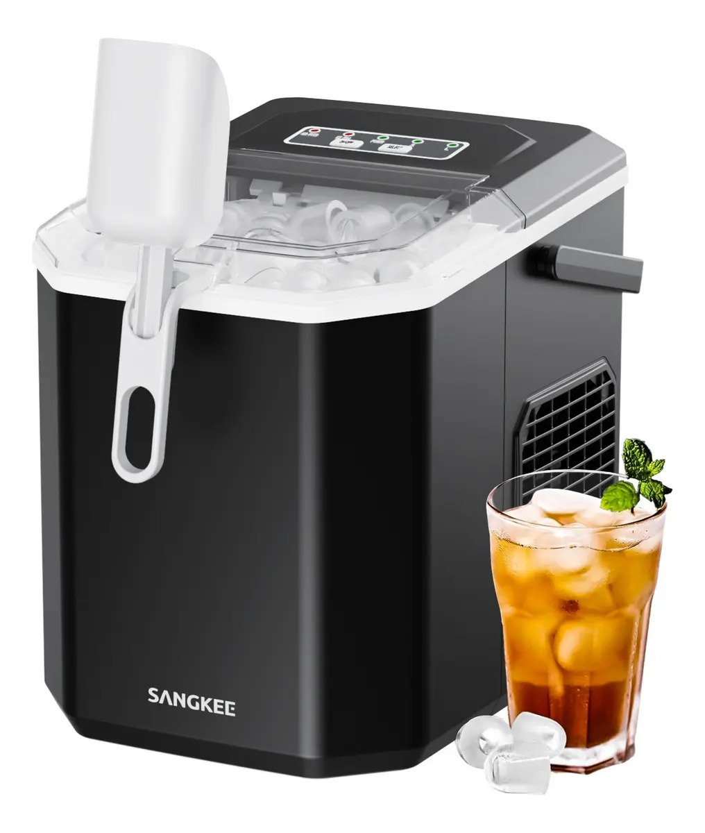 SANGKEE Máquina De Hacer Hielo Portátil con Asa, 12kg/24h, 9 Cubos en 6 Minutos, 2 Tamaños, Sistema Autolimpiante, Incluye Canasta y Cuchara, Ideal para Hogar/Cocina/Camping/Carava