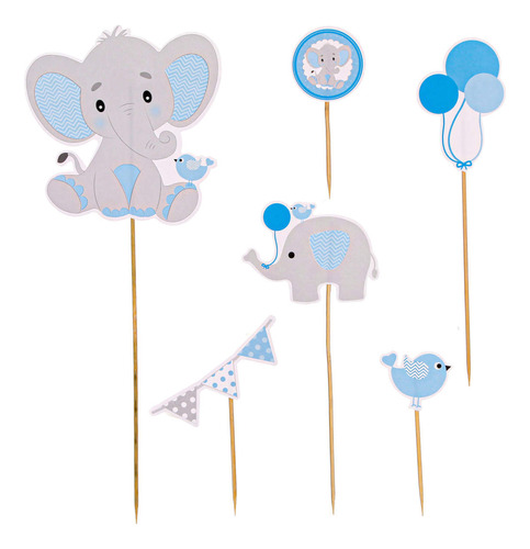 Caketopper Elefantito Azul Baby Shower 20cm Mylin 6pz