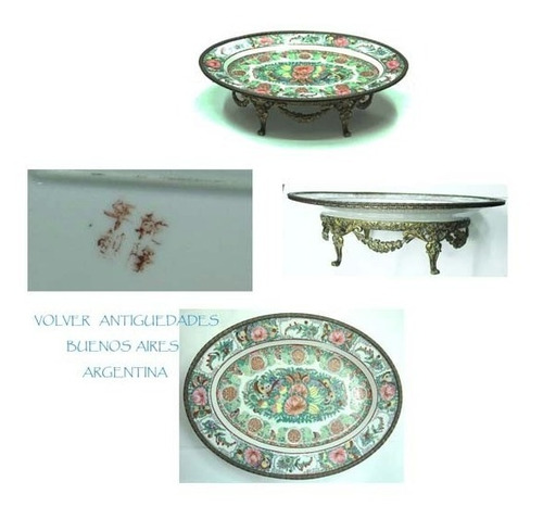 Antiguo Centro Mesa Oval Porcelana Y Bronce Chino 37 X 28 Cm