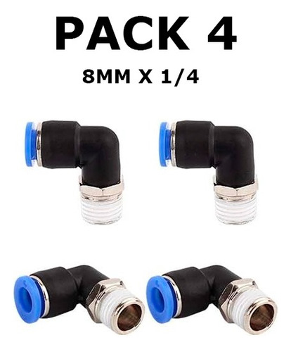 Racor Codo 1/4 X 8 Mm Pack De 4 Conexion Rapida Neumatica 