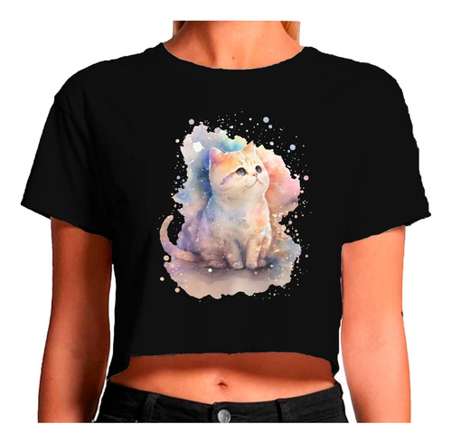 Playera Crop Top Mujer Ombliguera Sport Gatito Acuarela
