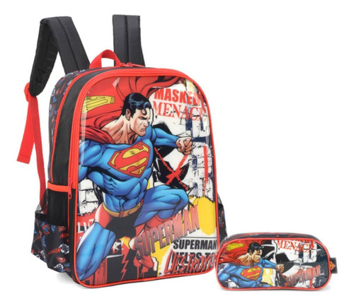 Mochila Superman De Costas E Estojo Escolar Casual Masked