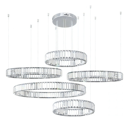 Lustre 5 Anéis Separados Cristal K9 Controle De Luz Cor Cromado