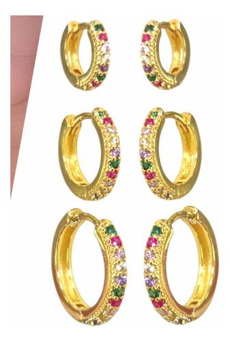 Trio De Brincos Argolas Delicadas Coloridas Banho Ouro 18k