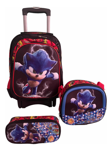 Mochila Con Ruedas Sonic, Lonchera Y Lapicera. (Reacondicionado)