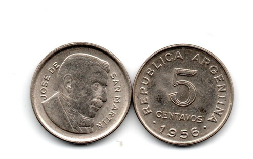 Moneda Argentina 5 Centavos Año 1956 San Martin Cj#251 Exc