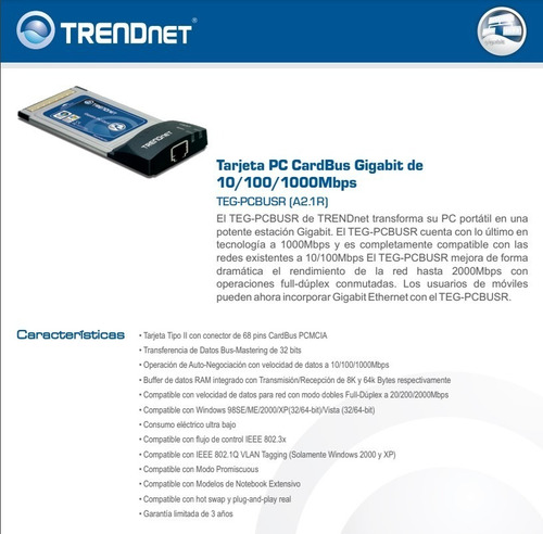 Gigabit Pc Card 32 Bits Cardbus Type Ii Laptop Tegpcbusr (Usado)