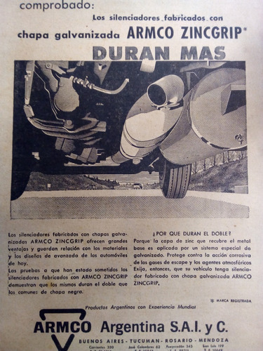 Muy Antigua Publicidad Clipping Silenciadores Armco Año 1962