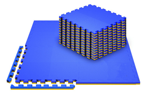 Kit 12 Tatames Tapete Eva Tatame 1x1 20mm - Azul Com Amarelo