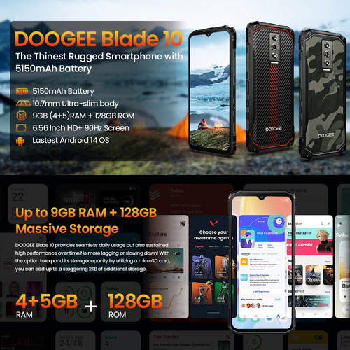 Smartphone Doogee Blade 10 Teléfono Resistente 9gb Ram 128gb Rom 5150mah Dual Sim Impermeable Celular Face Id/gps/otg/android 14