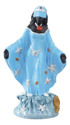 Escultura Orixá Iemanjá Negra Manto Azul Em Resina 13 Cm