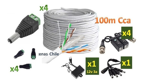 100m Cable + 4x Balun + 1x Fuente 12v + 8 Dc + Cable Poder