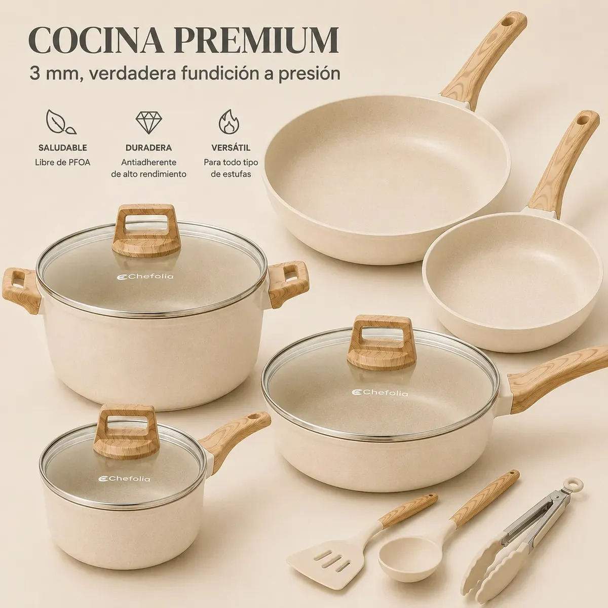CHEFOLLA Batería De Cocina 16 Piezas juego de Ollas Antiadherentes de Aluminio Fundido Compatible con Inducción