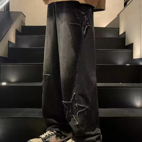 Tk Calça Jeans Larga Com Corte Solto E Estampa