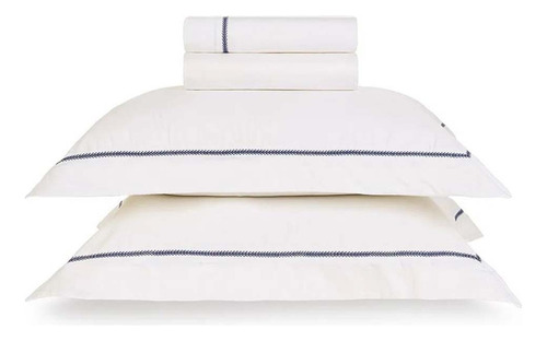 Kit Cama Queen Trussardi 300 Fios Cetim 100% Algodão Egípcio Cor Branco/marinho