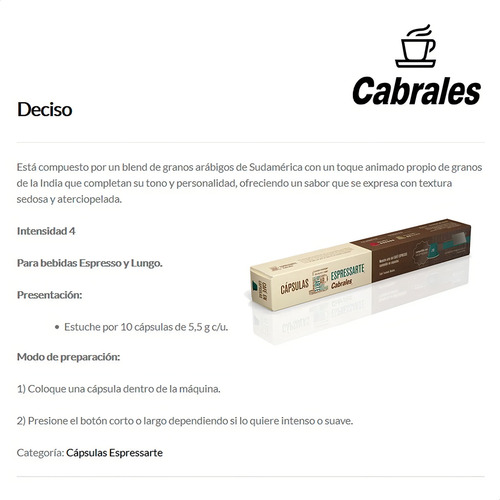 Cápsulas De Café Cabrales Deciso Nespresso X 10 Unidades