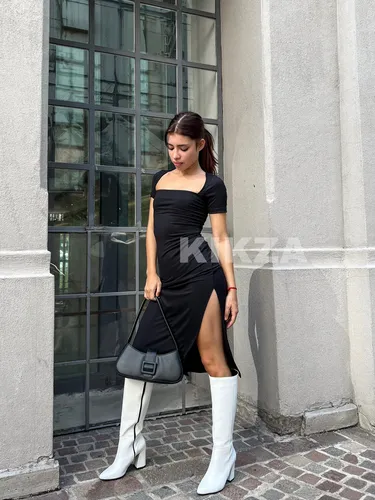 Vestido Midi Largo Con Tajo Mangas Cortas Elastizado Casual