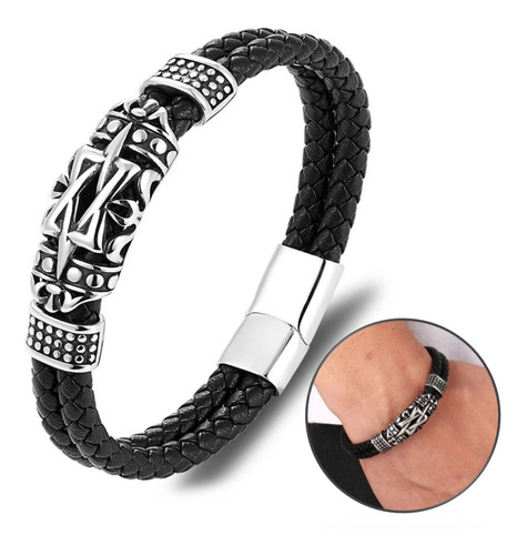 Pulseira Masculina Couro Viking Estrela Rei Davi Fecho Ímã