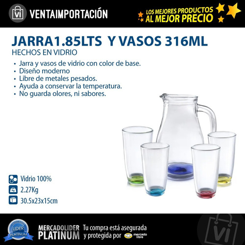 Imagen 2 de 4 de Jarra Vasos De Vidrio Colores Pack 5 Piezas Made In Mexico