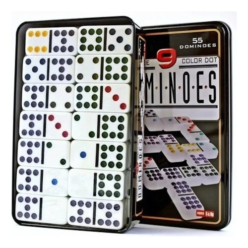 Dominó 55 Fichas A Color Doble 9 Juego De Mesa Caja Metálica