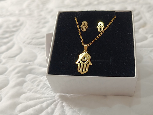 Cadena Y Caravana Mano De Fátima Acero Inox Conjunto Dorado