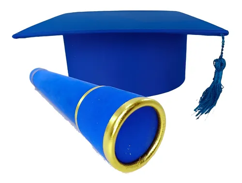 3 Kit Formatura Com Chapéu Adulto E Infantil Cor Azul
